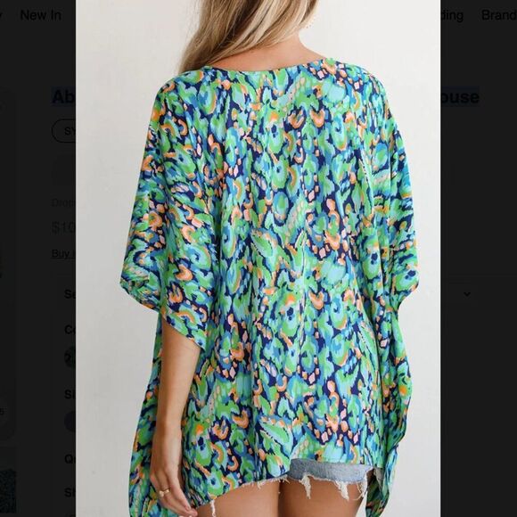 NWT Abstract Print V Neck Half Sleeve Loose Fit Blouse Turquoise - small - Picture 3 of 9